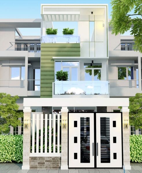 Mẫu nhà 6x13 – Thiết kế hiện đại theo mái bằng, mặt sàn và hành lang sử dụng màu gỗ để tạo cho ngôi nhà được mát mẻ về mùa nắng