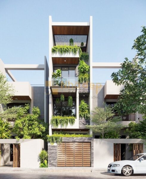 Mẫu nhà 6x18 – thiết kế 4 tầng với phong cách hiện đại, khu ban công sử dụng nhiều cây xanh, tạo cho ngôi nhà mát mẻ khi nhìn vào mặt tiền