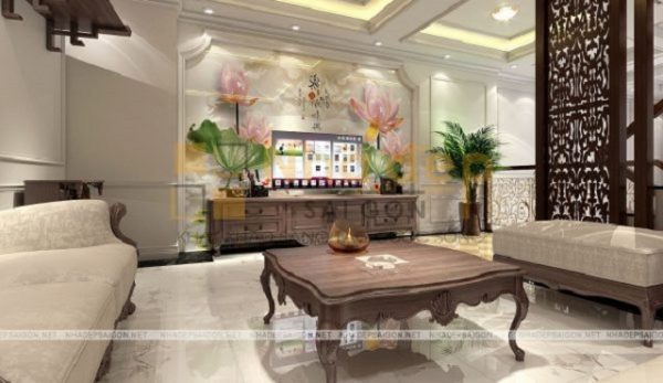 Không gian phòng khách sang trọng với thiết kế nội thất tân cổ điển