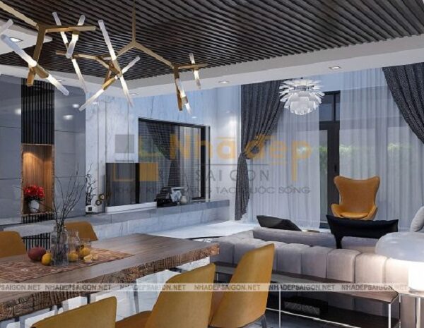 Phòng ăn có sự kết hợp giữ nội thất hiện đại và đương đại