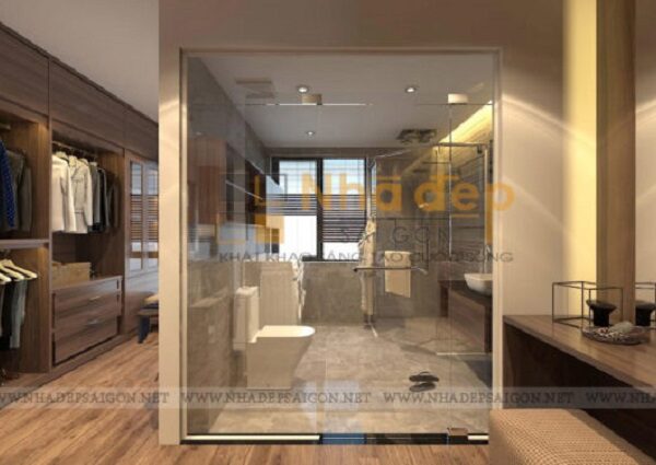 Phòng vệ sinh được thiết kế ngay cạnh phòng đồ dùng cá nhân, thuận lợi cho việc đi lại