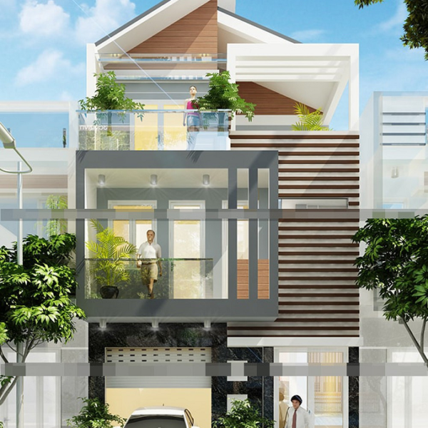 Mẫu nhà mái lệch 1 trệt, 1 lầu, 1 tum – mẫu 7