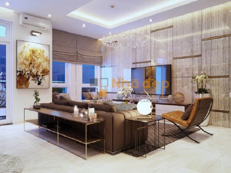 Cách phối màu phòng khách vàng ánh kim - nâu
