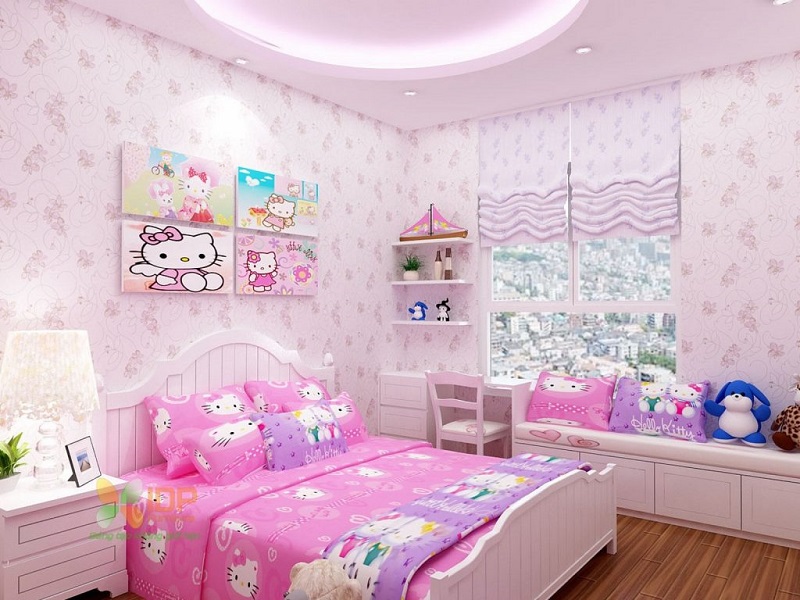 Phòng ngủ Hello Kitty ngọt ngào, dễ thương cho các bé gái.