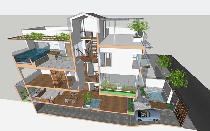 Mẫu nhà lệch tầng sử dụng cây xanh thông thoáng không khí