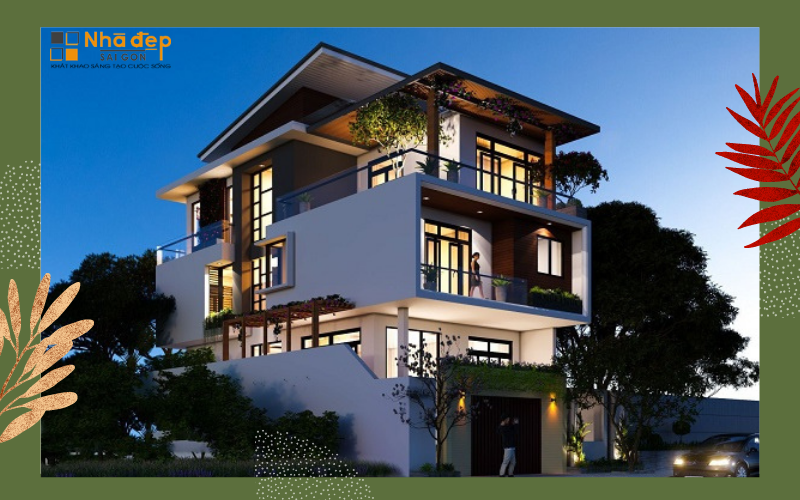 Mẫu thiết kế biệt thự phố tận dụng các không gian ban công để tạo cảm giác xanh mát cho cả ngôi nhà. Biệt thự phố cách điệu mái nhà và các phòng liền kề, ngăn cách nhau với các lớp cửa kính trong suốt góp phần tạo cho ngôi nhà thêm rộng rãi.