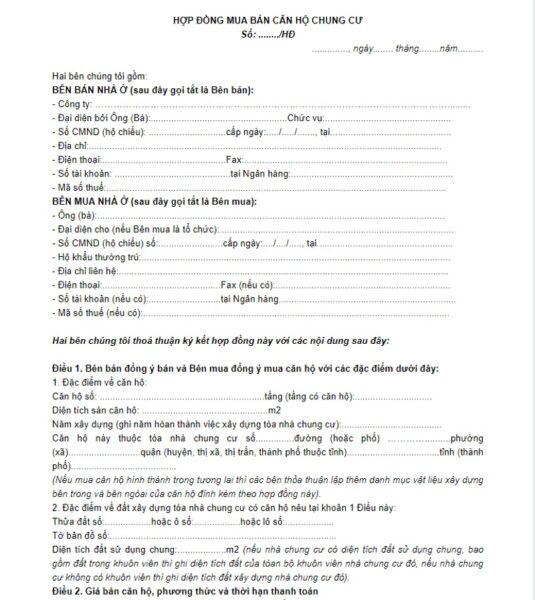 Mẫu hợp đồng mua bán căn hộ chung cư