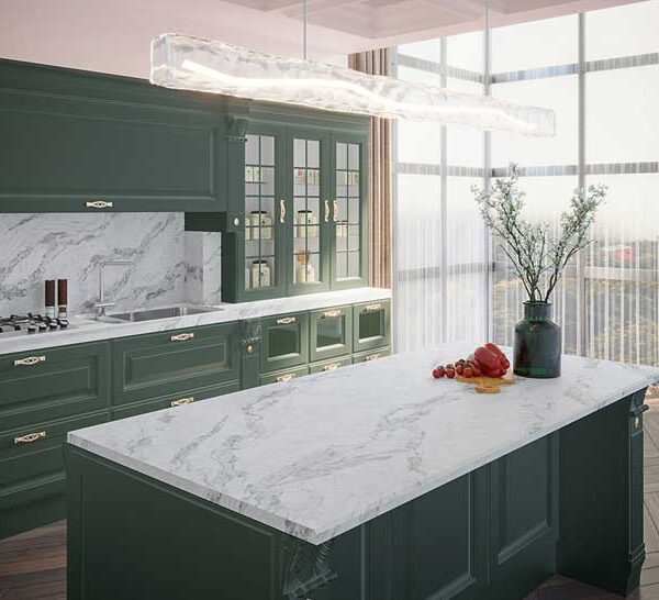 Mẫu 1: Phòng bếp thiết kế phong cách tân cổ điển với màu xanh lục là màu chủ đạo